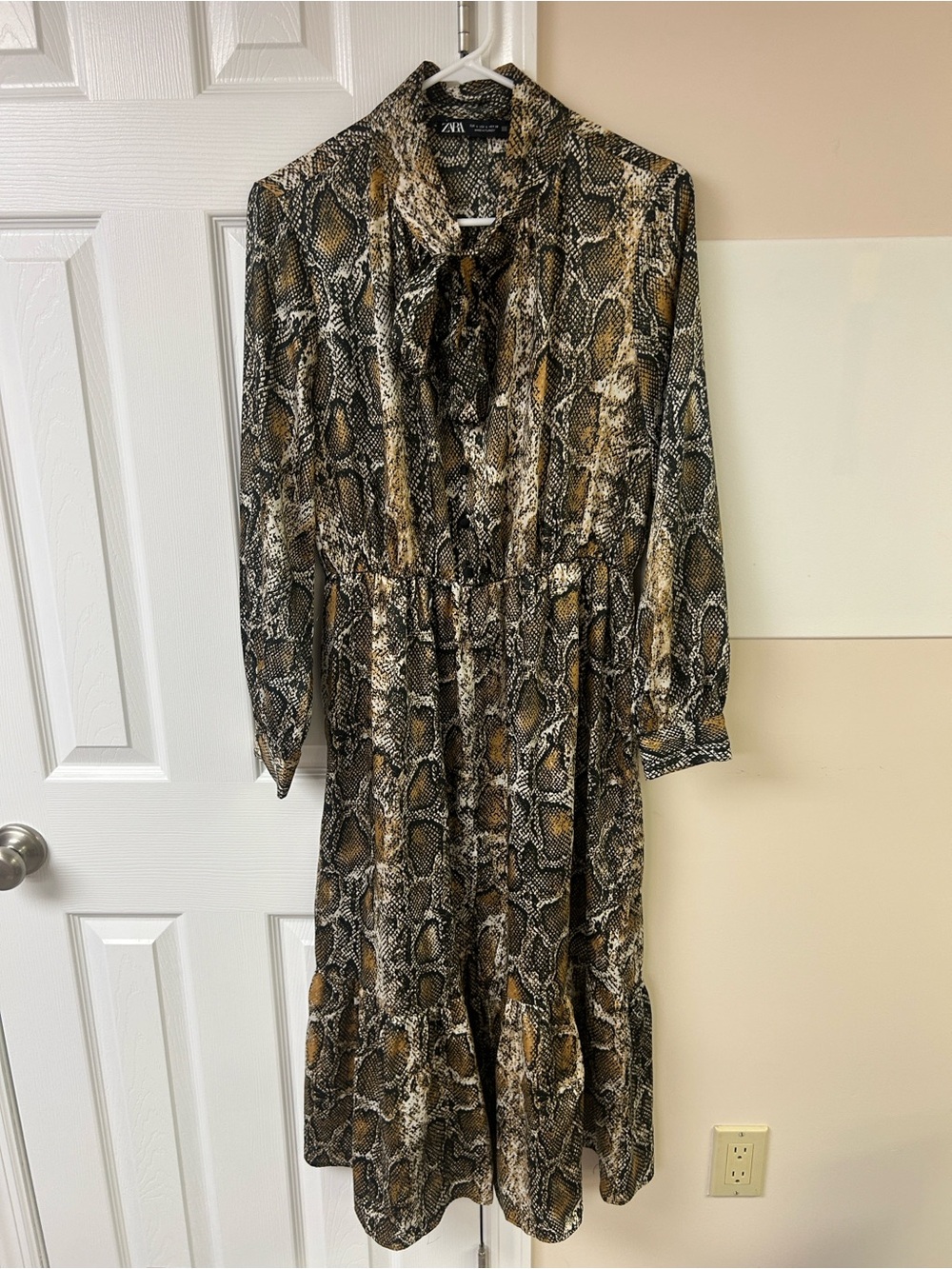 Zara snakeskin print midi dress tie neck long sleeves